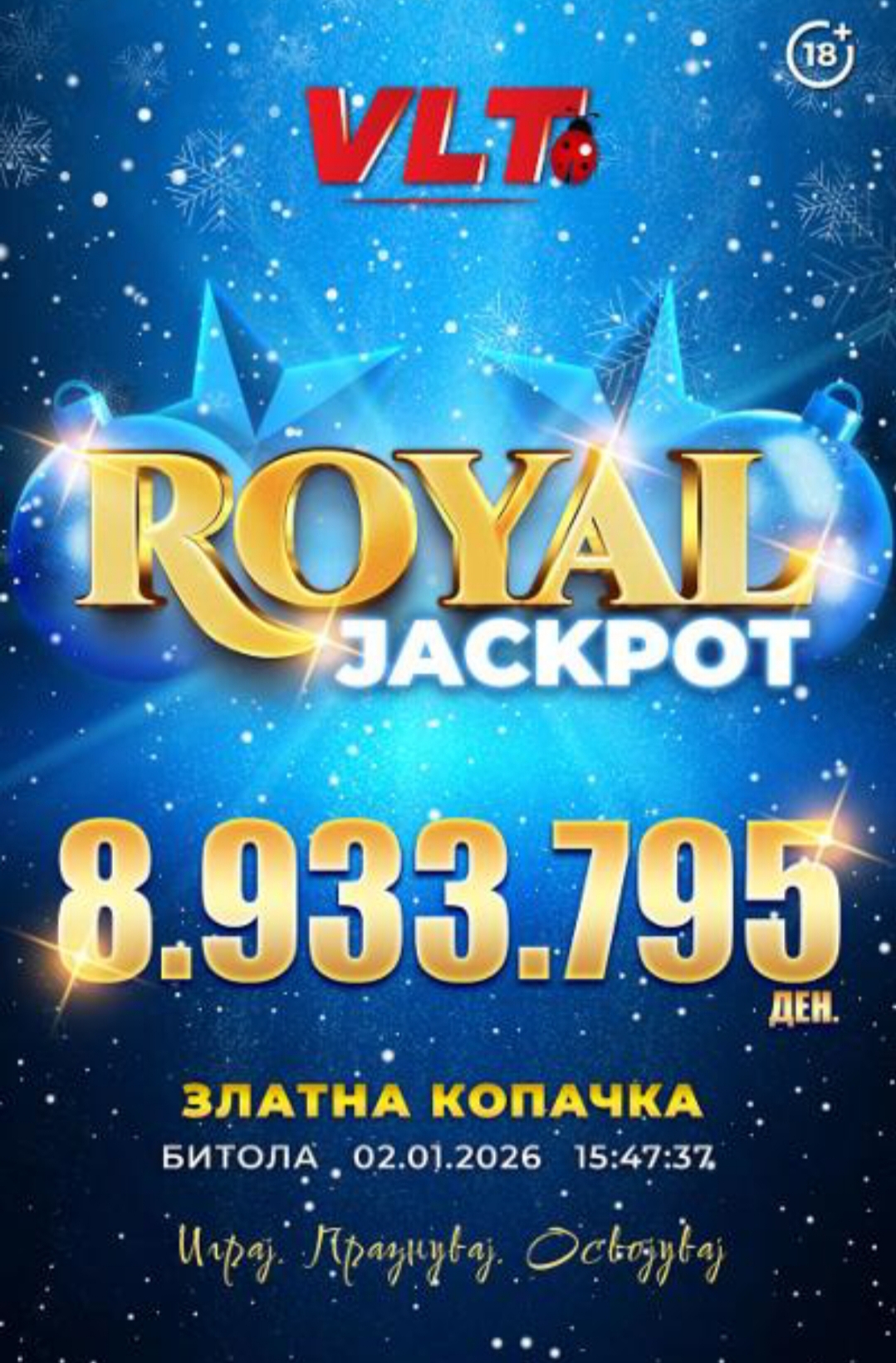 ПРАЗНИЧНА ВЛТ ЏЕКПОТ МАГИЈА: А.В. ОД БИТОЛА ЈА ЗАПОЧНА 2026 СО РОЈАЛ ЏЕКПОТ ОД 8.933.795 ДЕНАРИ!